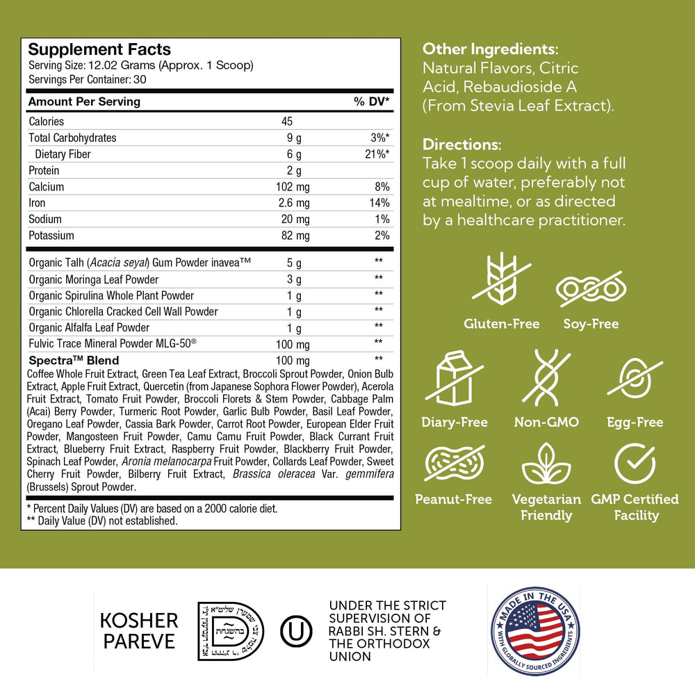 Kosher certified, non-GMO plant-based greens supplement ingredients