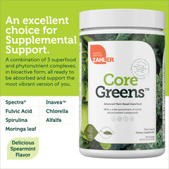 Kosher and non-GMO certification icons with Core Greens