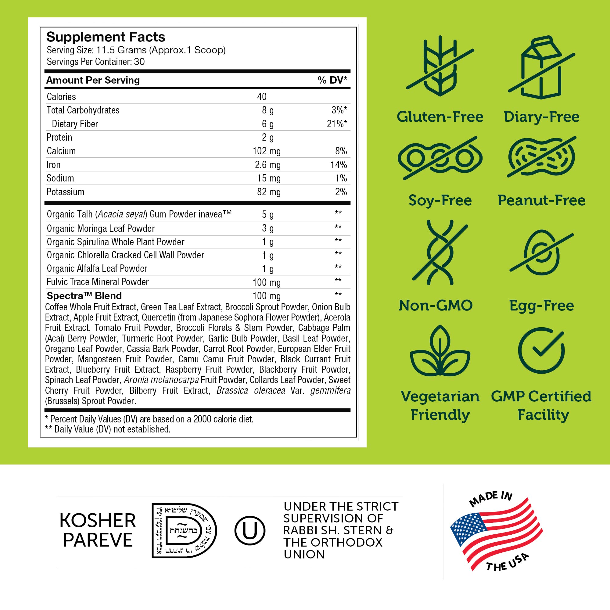 Core Greens packaging showing gluten-free, soy-free, dairy-free labels