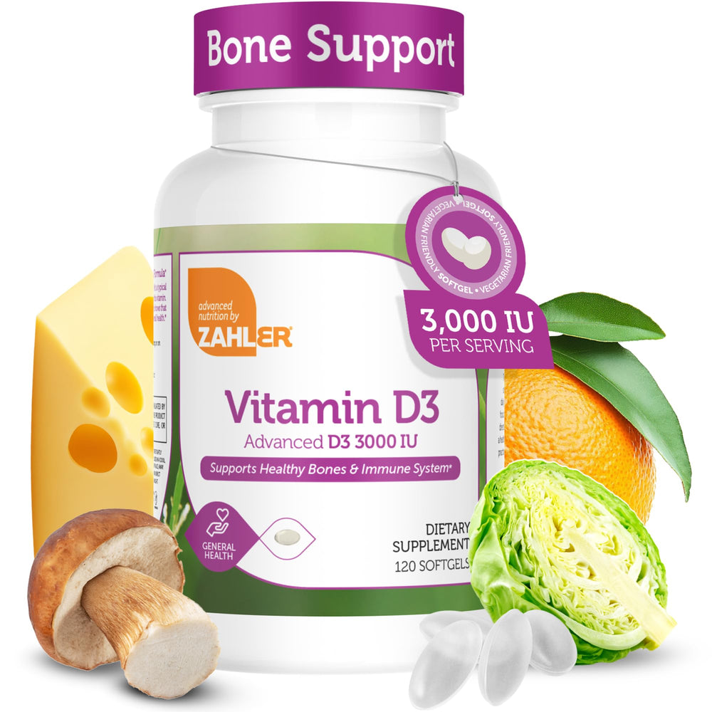 Front view of Zahler Vitamin D3 3000 IU Softgels bottle
