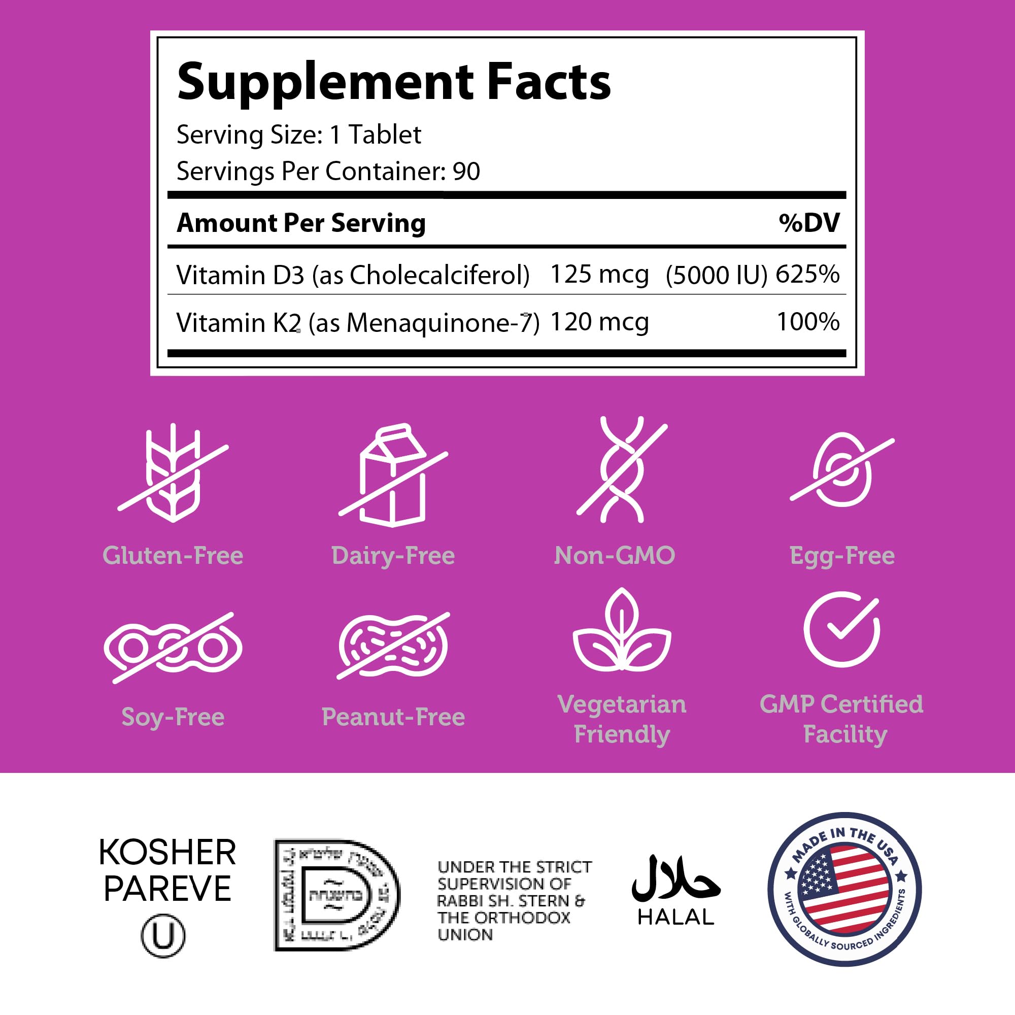 Supplement facts showing 5000 IU D3 and 120 mcg K2