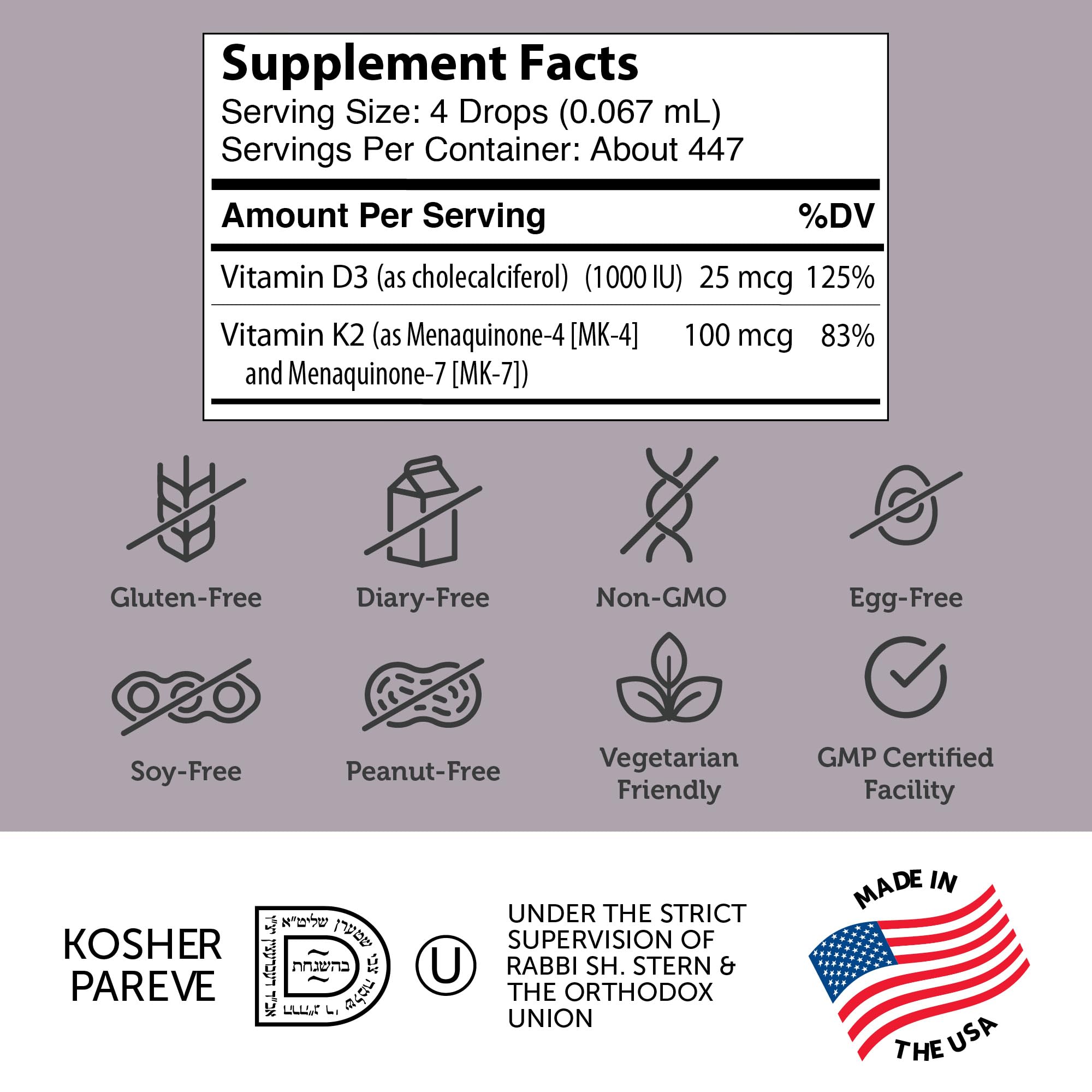 Kosher certified Zahler Vitamin D3 K2 Drops label