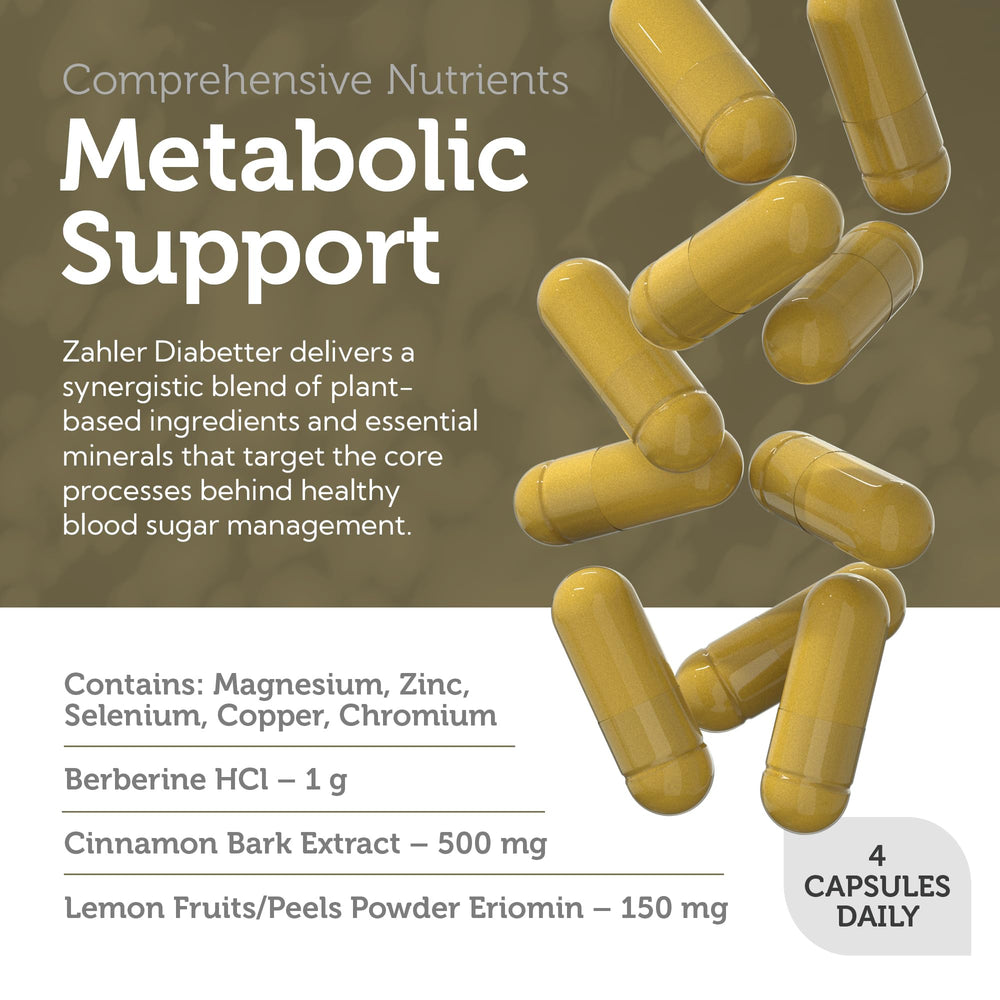 Zahler Diabetter capsules arranged on a white background