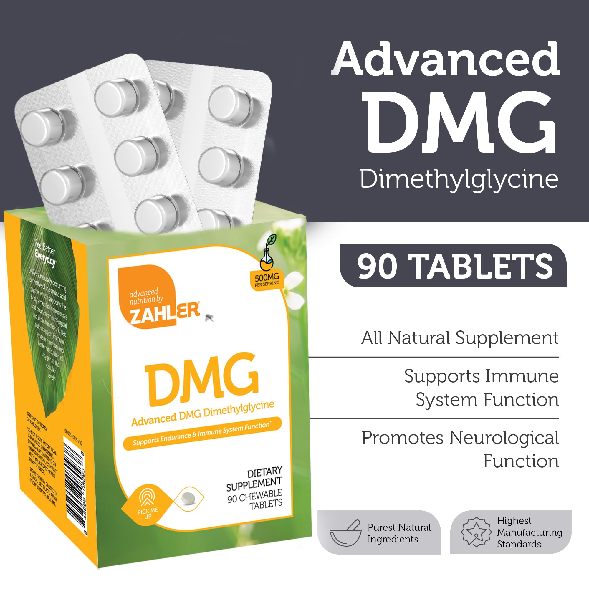 Zahler DMG 500mg bottle with tablets close-up
