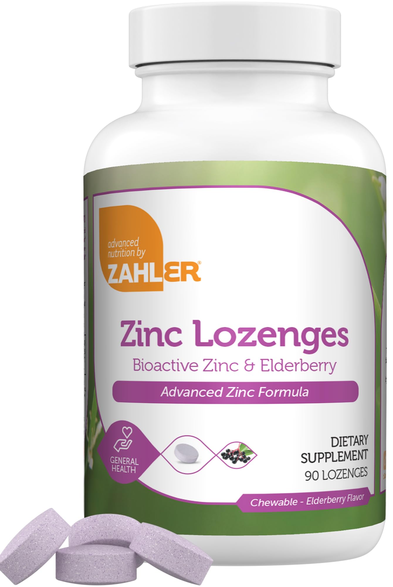 Front label of Zahler Elderberry Zinc Lozenges bottle (90 count)