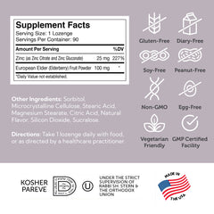 Ingredient panel showing 25 mg zinc per serving