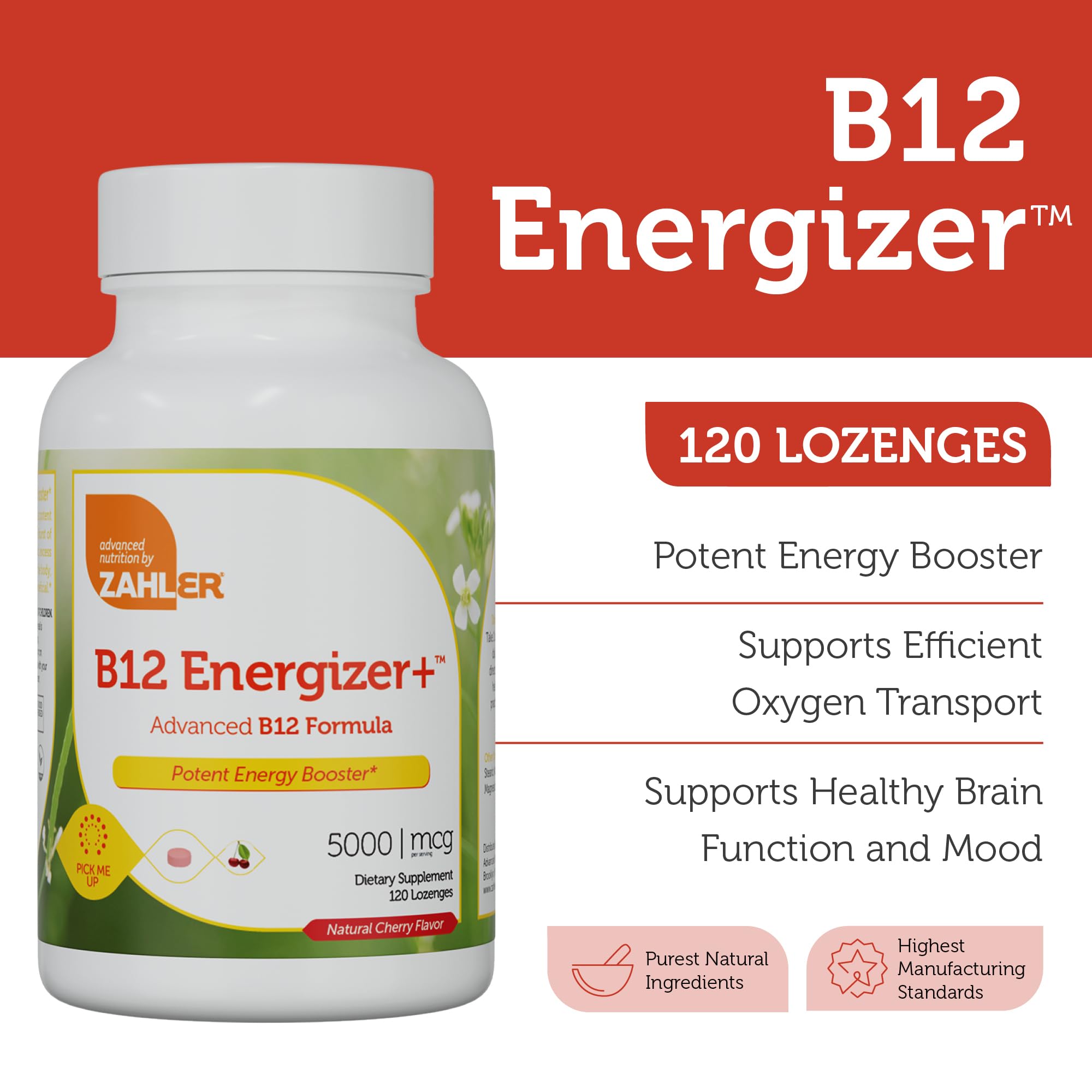 Close-up of Zahler Energizer+ B12 lozenges in cherry flavor