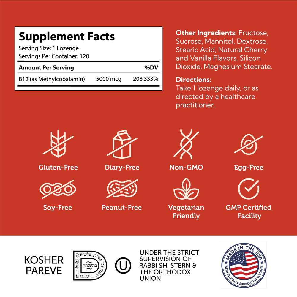 Kosher certified and non-GMO labeling on Zahler Energizer+ B12 bottle