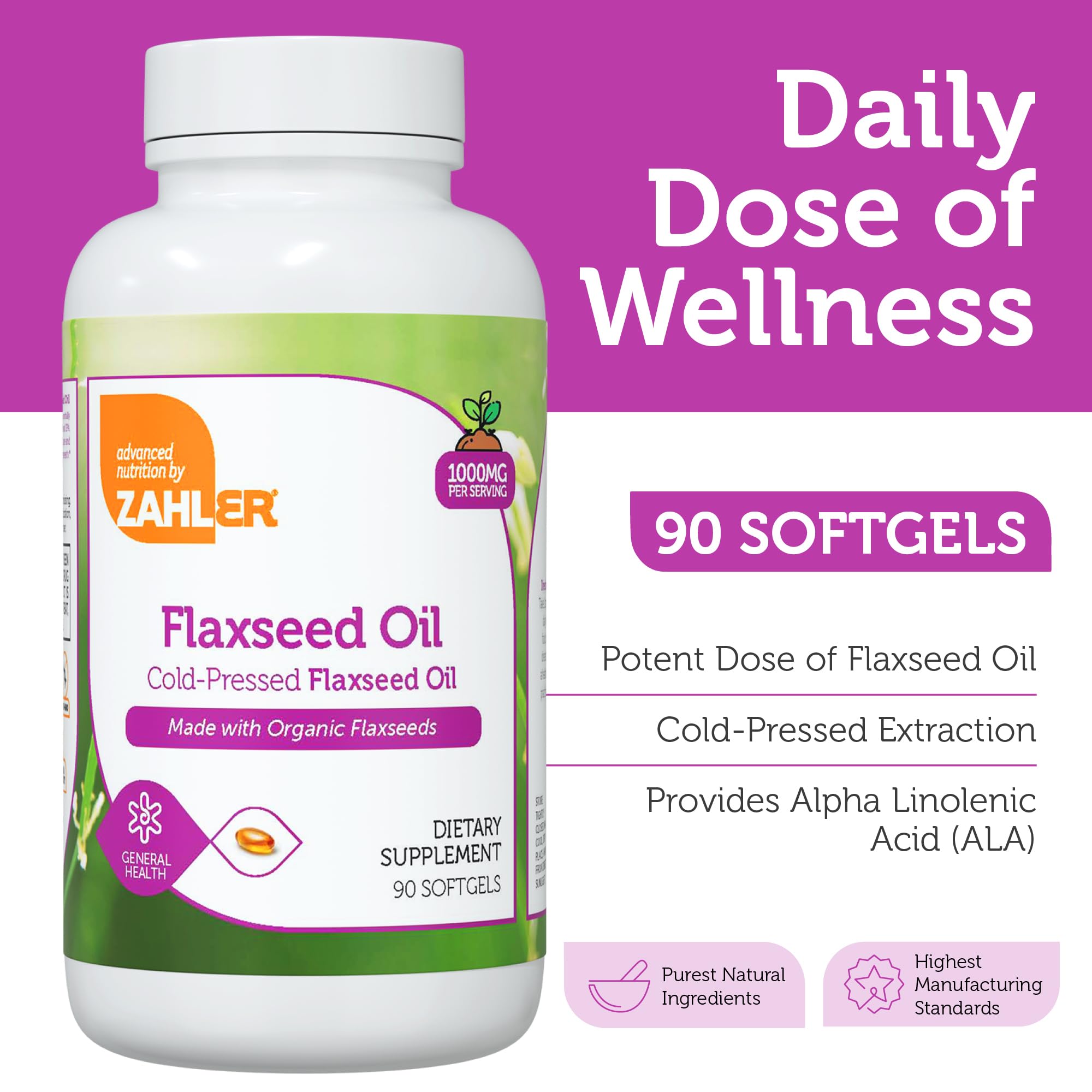 Label showing 500 mg Alpha-Linolenic Acid per softgel