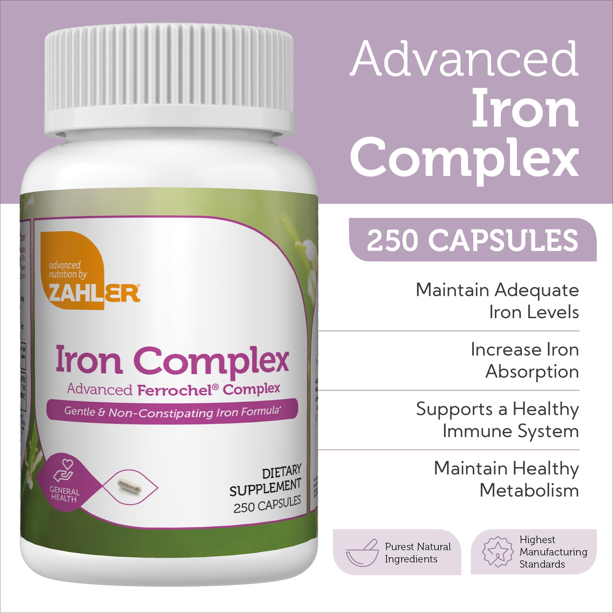 Label shows 25 mg Iron Ferrochel per serving