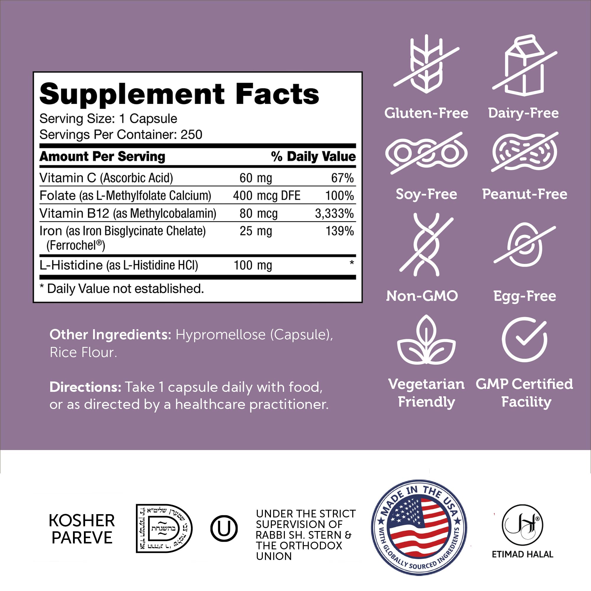 Ingredients panel showing Vitamin C, B12, Folate and L-Histidine