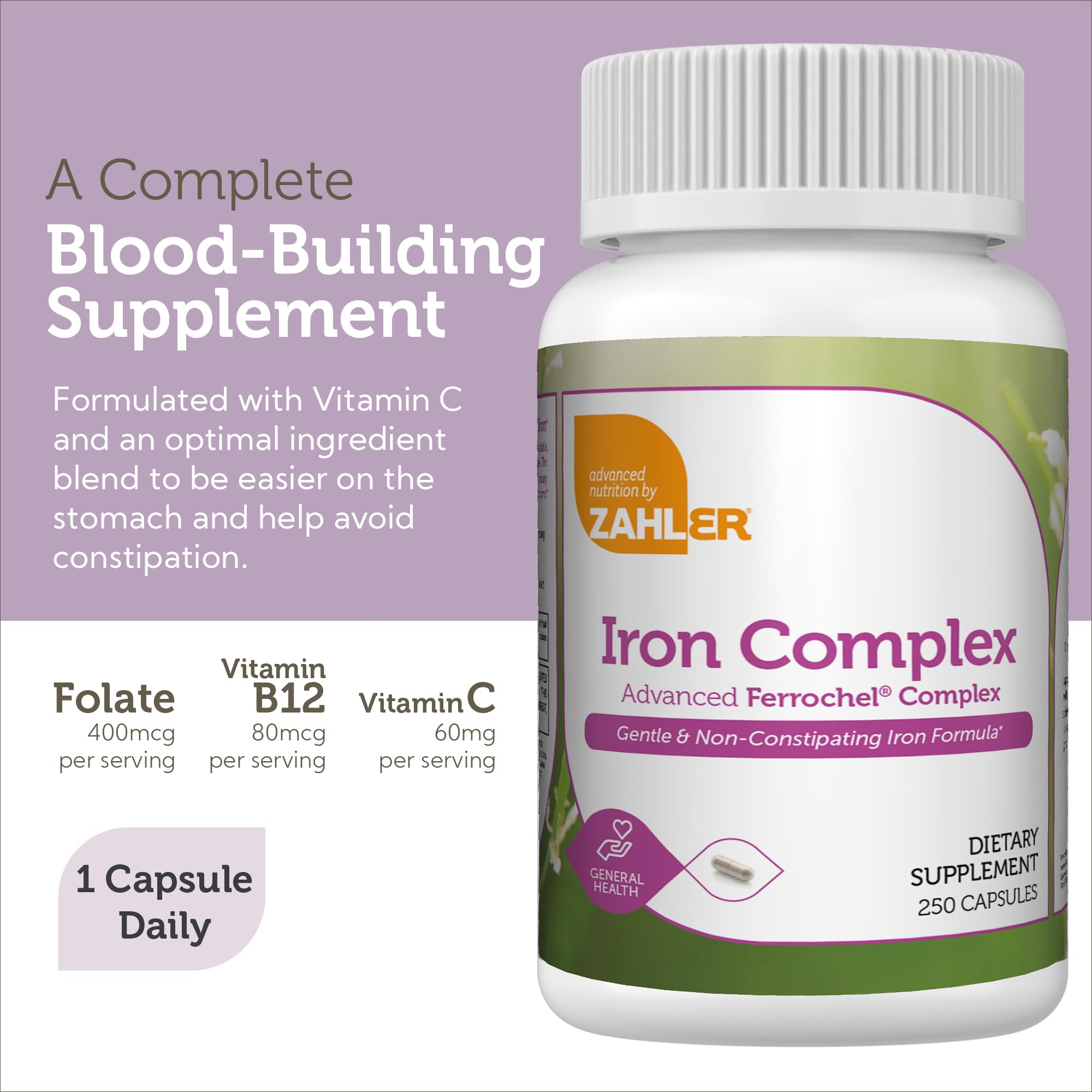 Graphic highlighting gentle on stomach and non-constipating formula