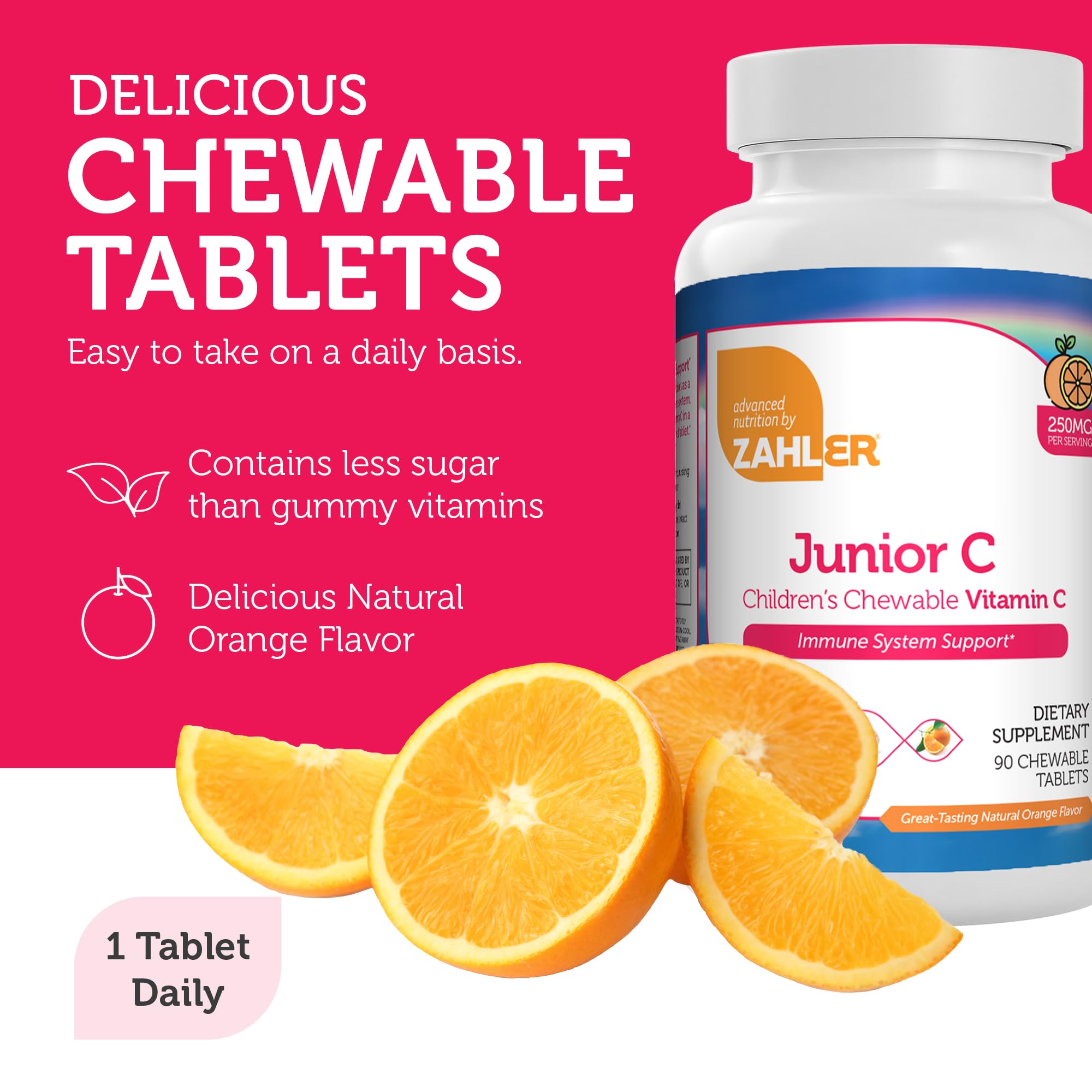 Kid-friendly orange-flavored Zahler Junior C Advanced chewable tablets