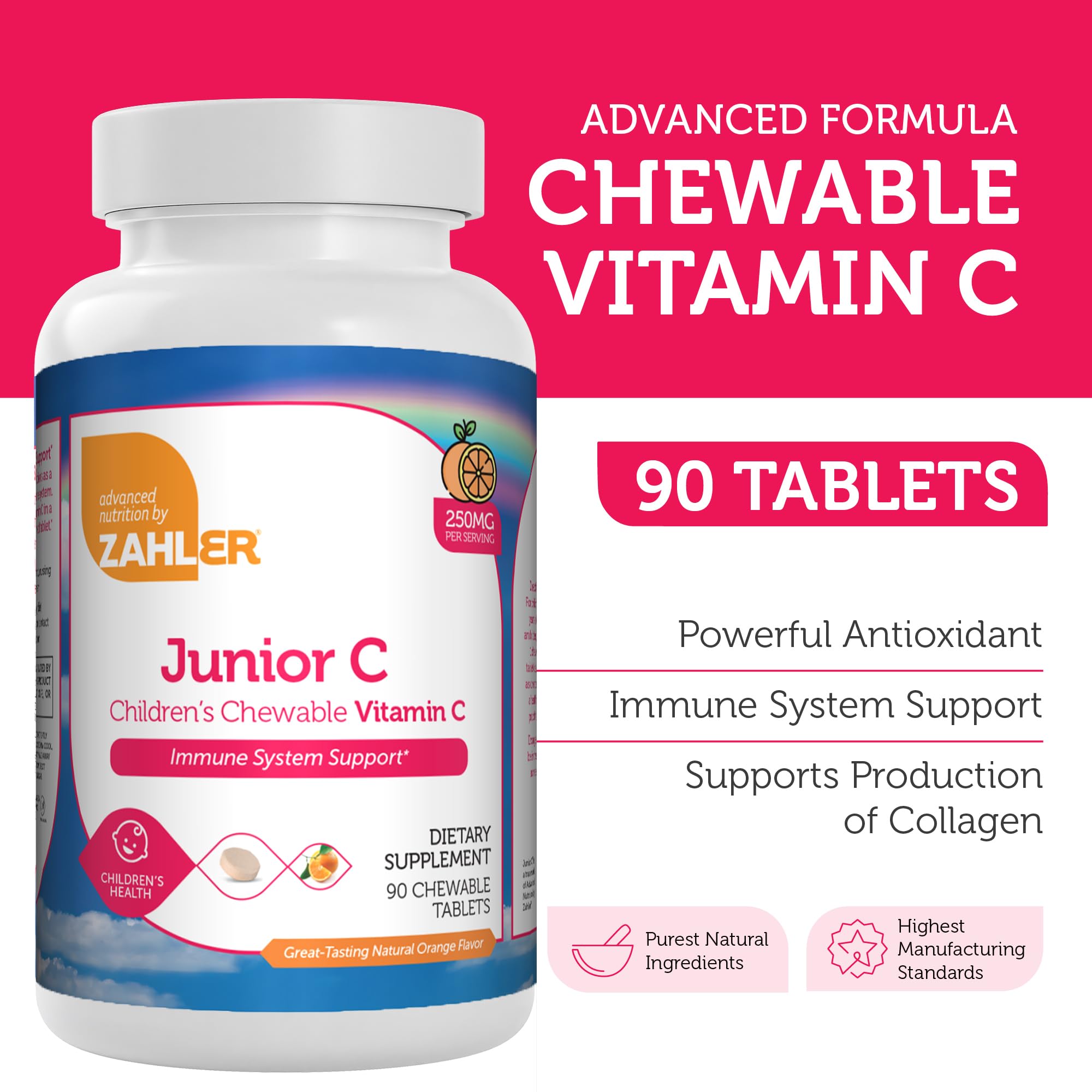 Close-up of Zahler Junior C Advanced orange-flavored Vitamin C chewables for kids