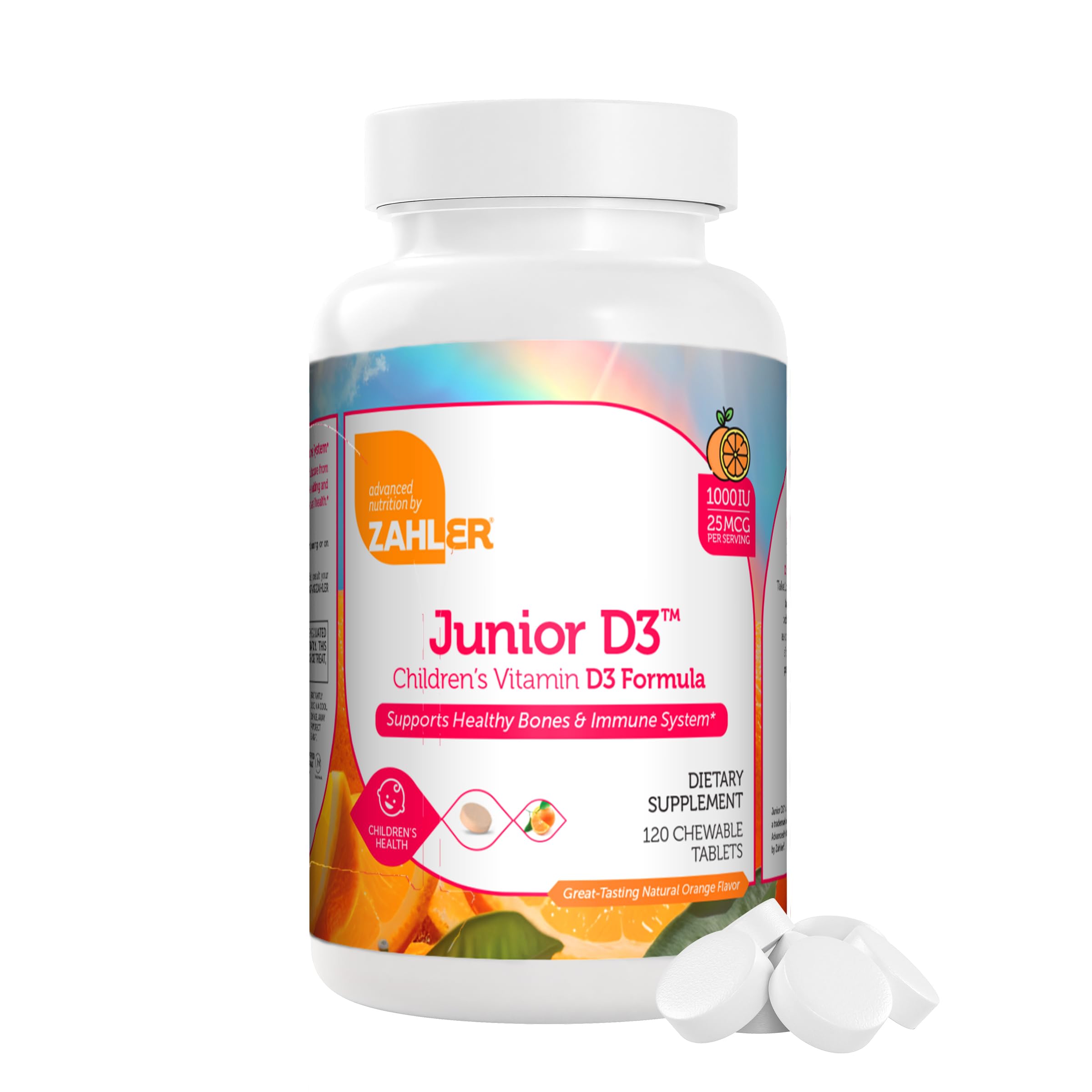 Front view of Zahler Junior D3 1000 IU kids chewables bottle