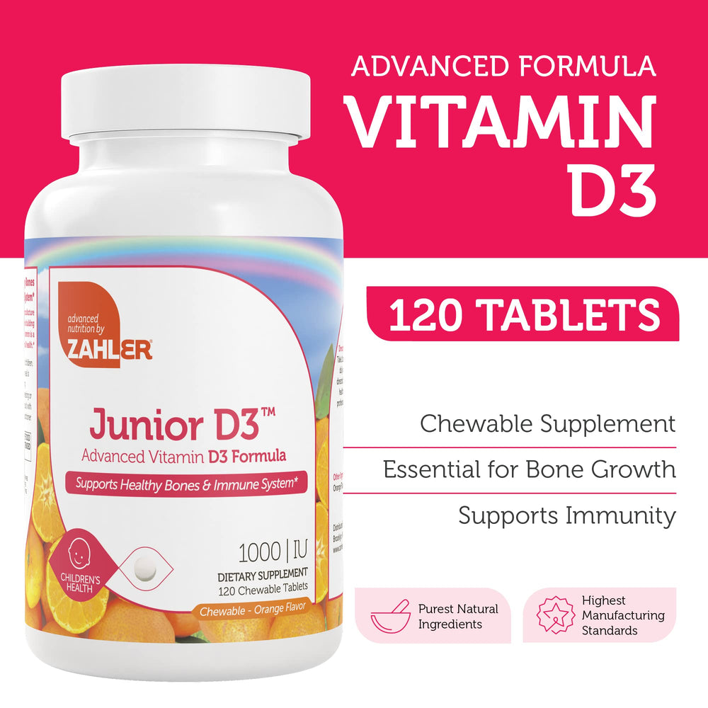 Zahler Junior D3 1000 IU kids chewables packaging and bottle