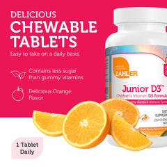 Front packaging of Zahler Junior D3 orange-flavored chewables, 250 count