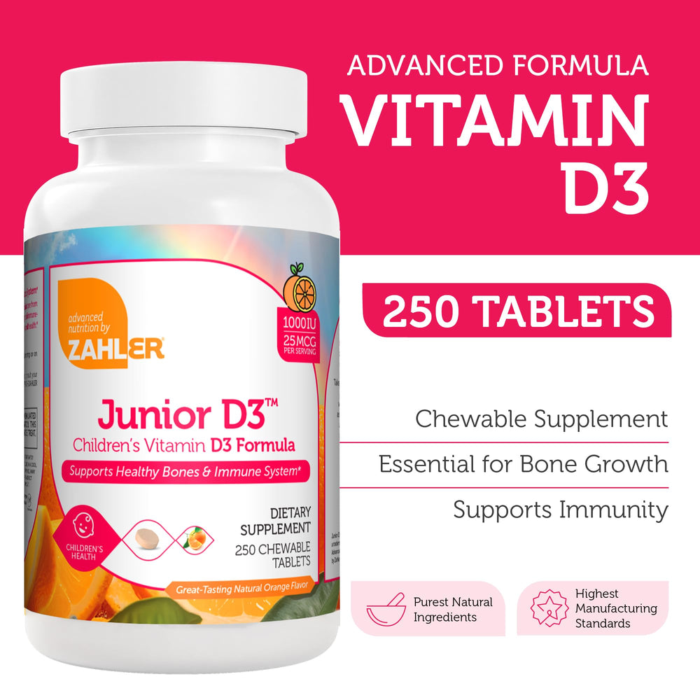 Child-friendly Zahler Junior D3 orange-flavored vitamin D3 chewables