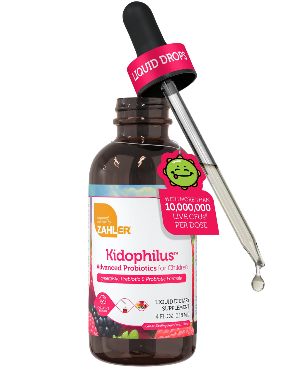 Kosher certification and dietary-friendly labels on Zahler Kidophilus bottle
