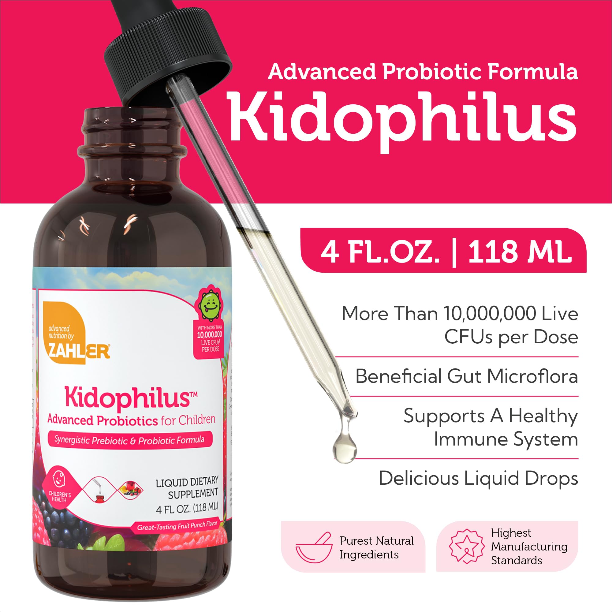 Made in USA GMP-certified facility label for Zahler Kidophilus