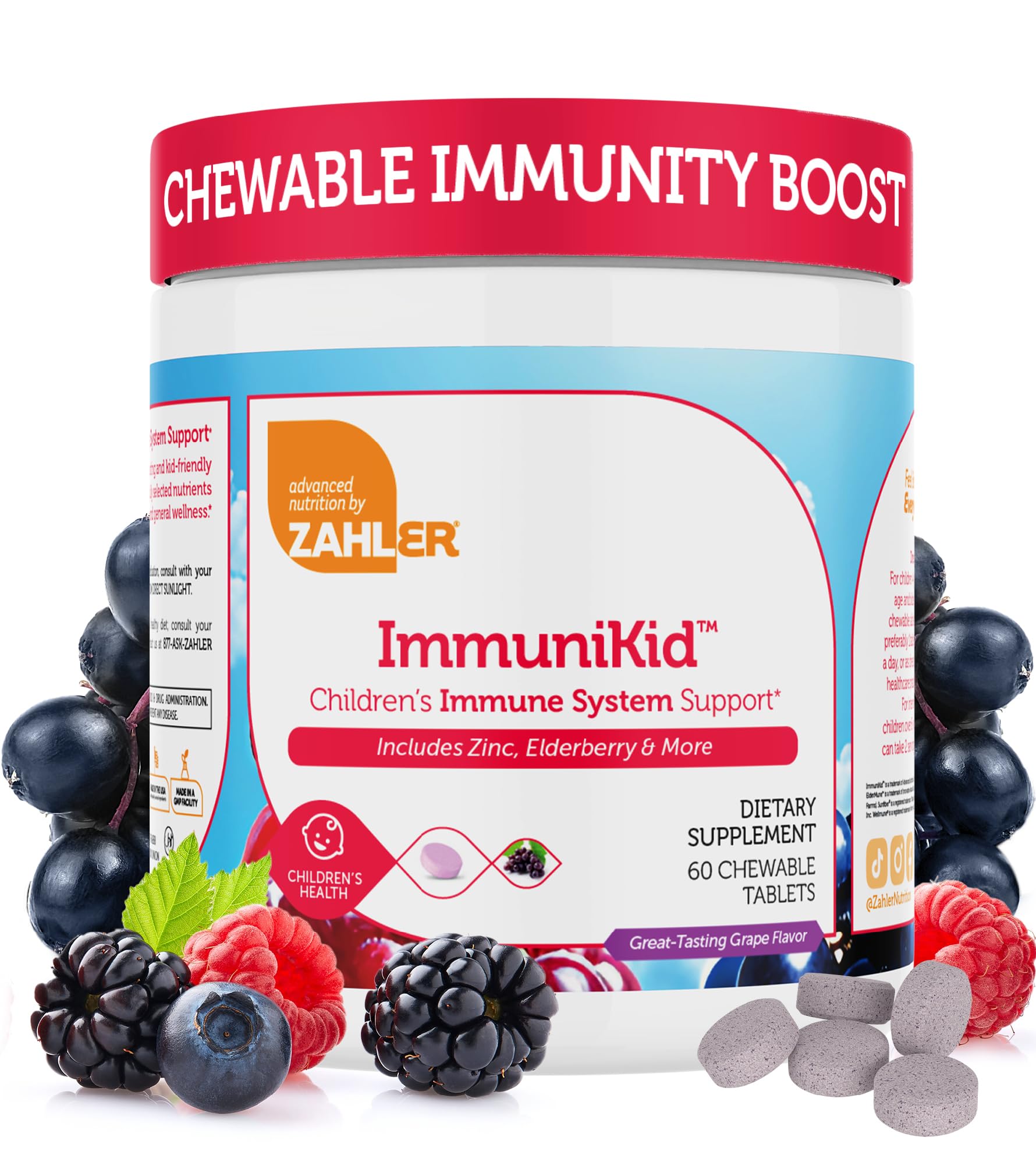 Front bottle of Zahler Kids Immune Support with grape-flavored chewables