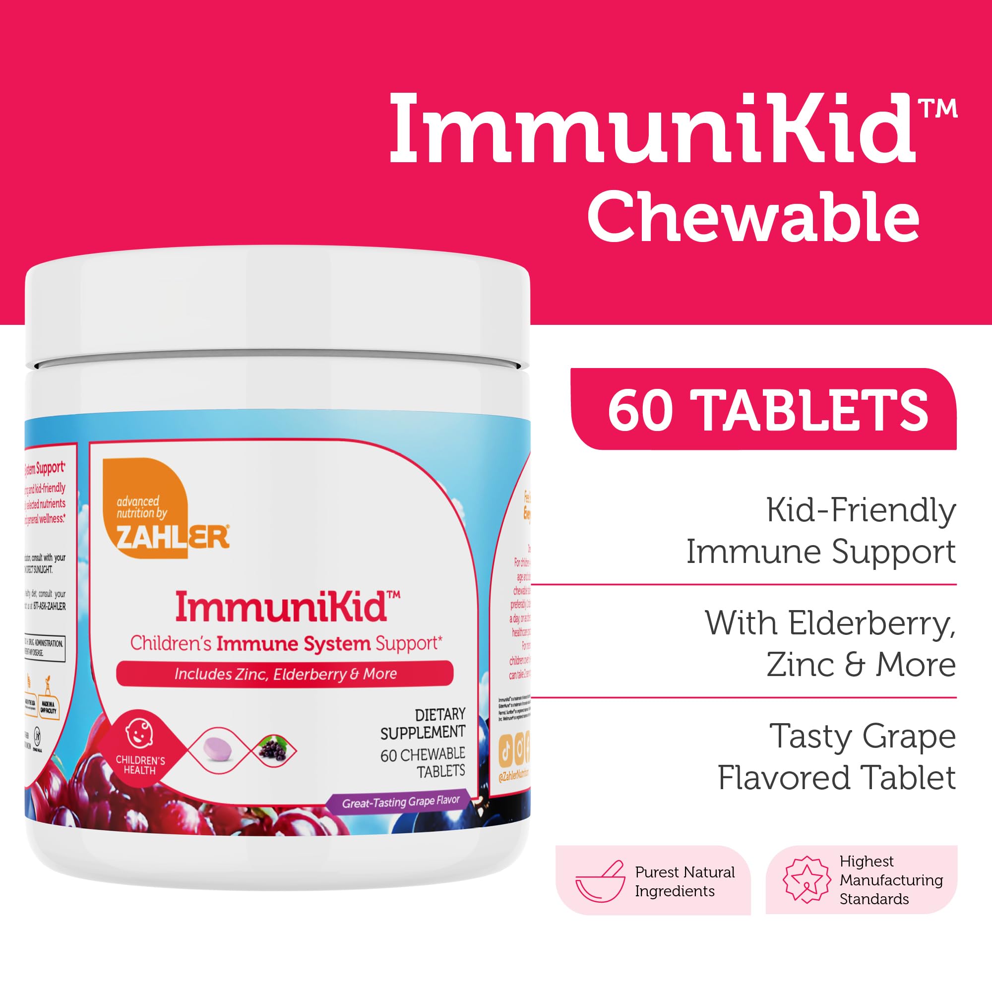 Close-up of a grape-flavored chewable tablet from Zahler Immunity supplement