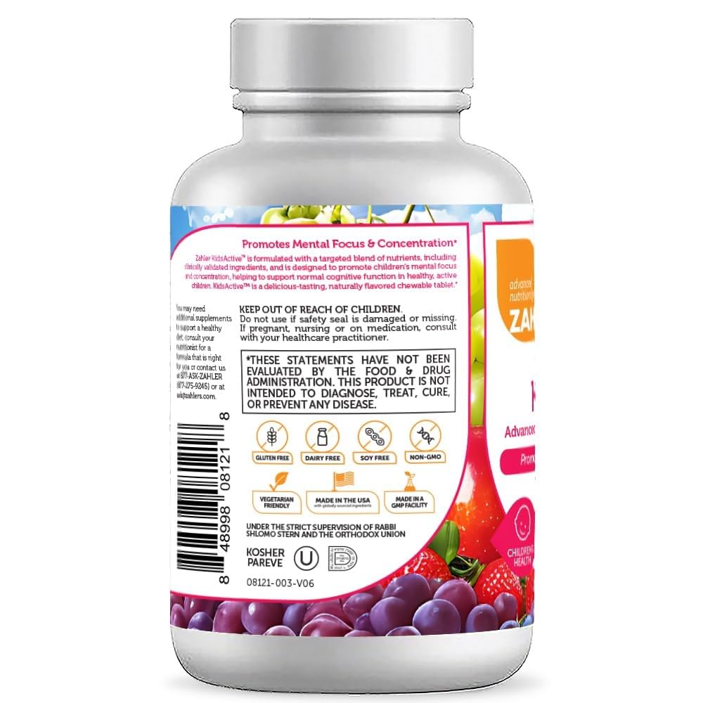 Zahler KidsActive bottle label showing fruit punch flavor and 180 tablets