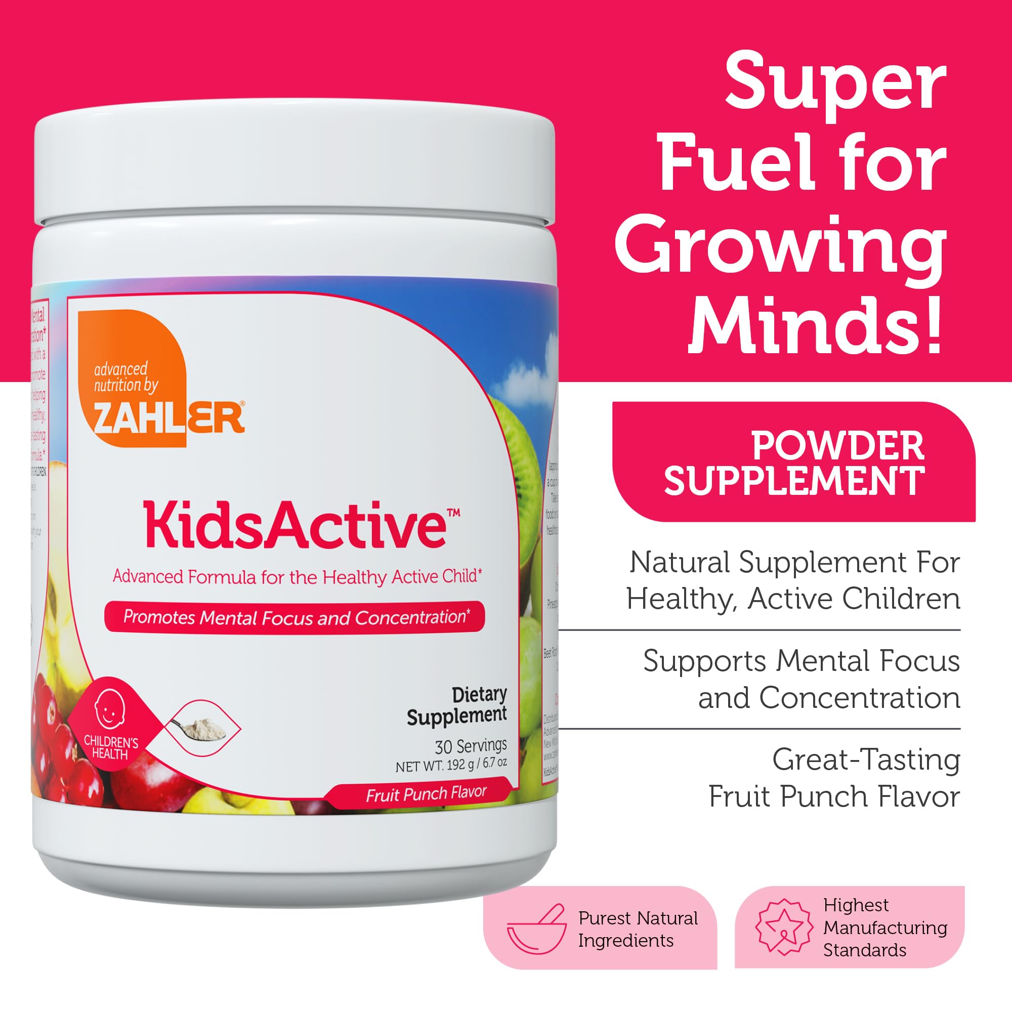 Graphic showing vitamins minerals and fatty acids for Zahler KidsActive
