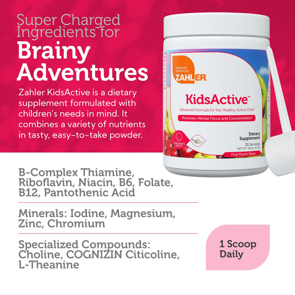 Front packaging of Zahler KidsActive Kids Concentration Formula Powder