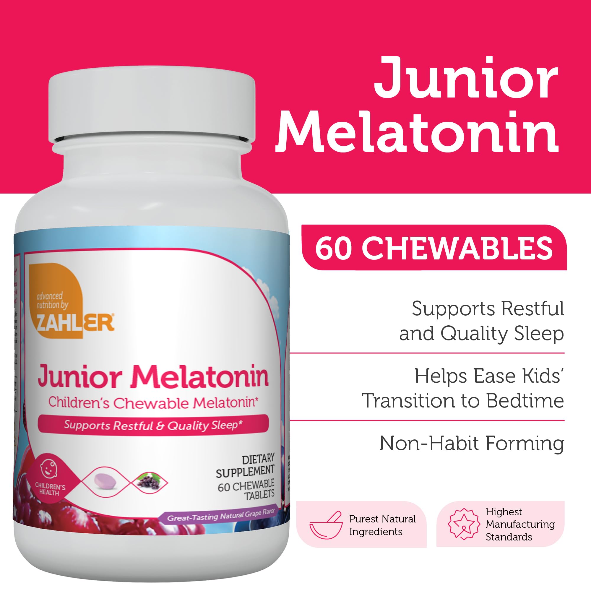 Kosher certified and non-GMO Zahler 1mg Kids Melatonin