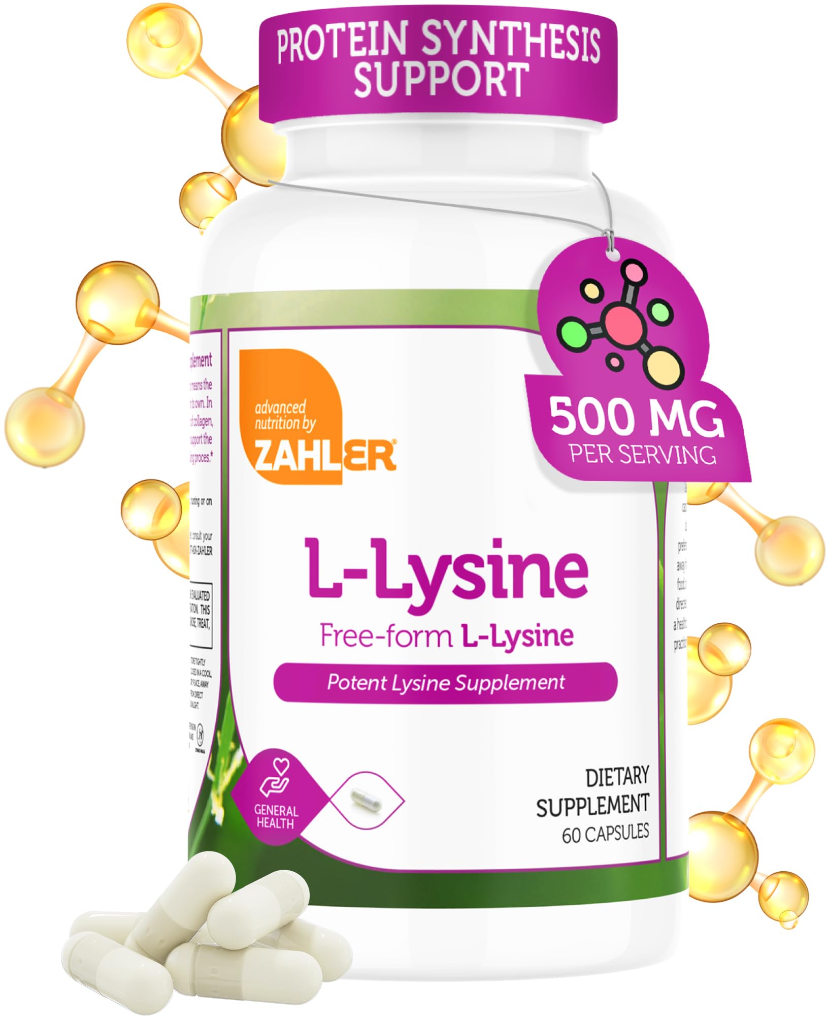 Front of Zahler L-Lysine 500mg bottle with label