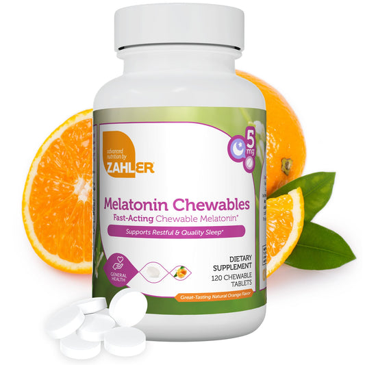 Front view of Zahler Melatonin 5mg orange-flavored chewable tablets (120 count)