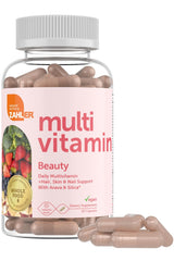 Close-up of Zahler Multivitamin Beauty bottle highlighting kosher and vegan attributes