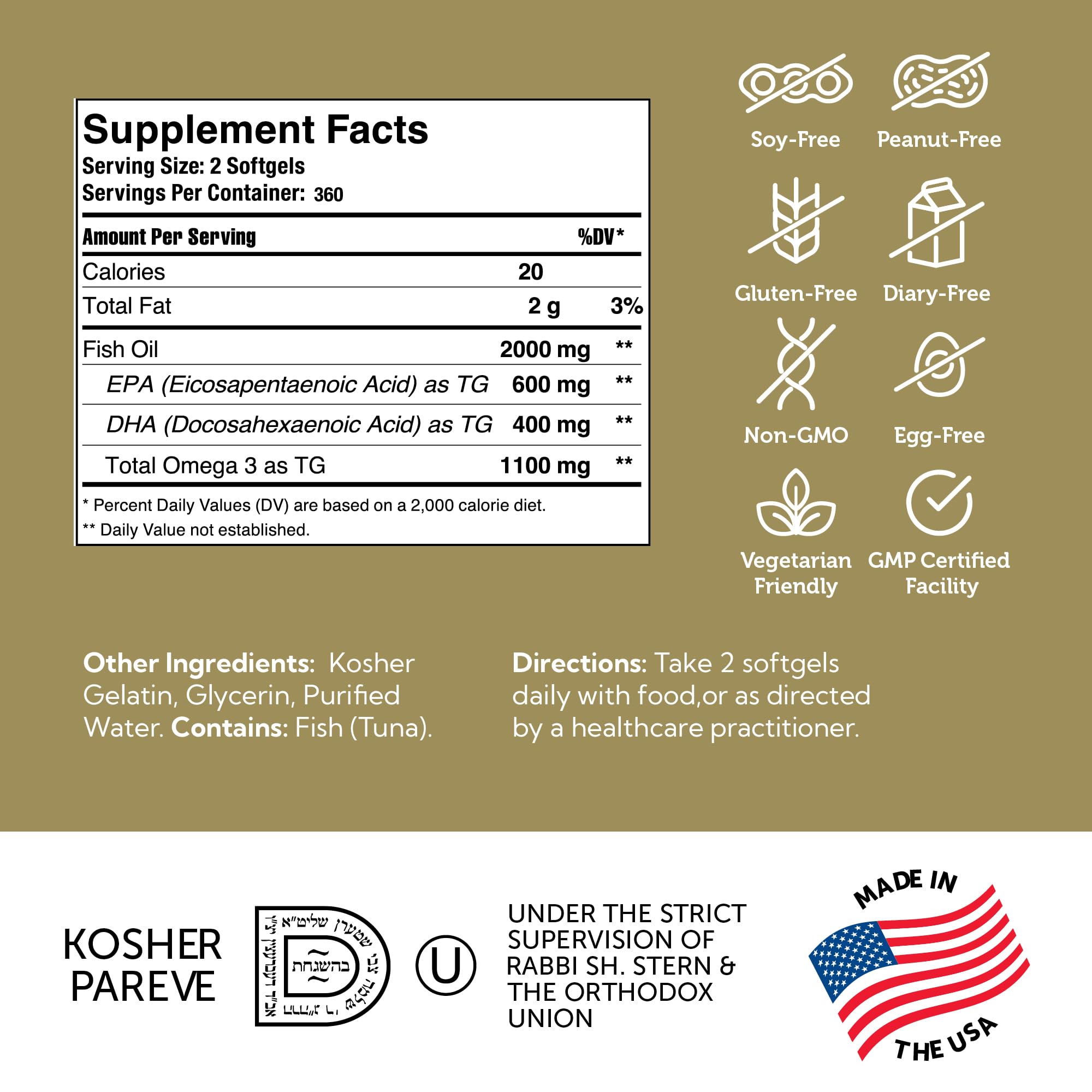 Nutrition information highlighting 600 mg EPA and 400 mg DHA per serving