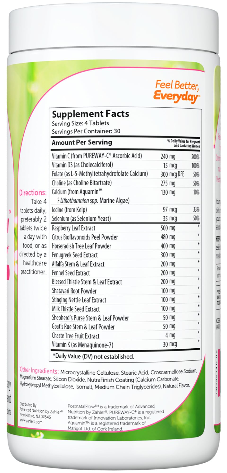 Front view of Zahler Postnatal Flow packaging