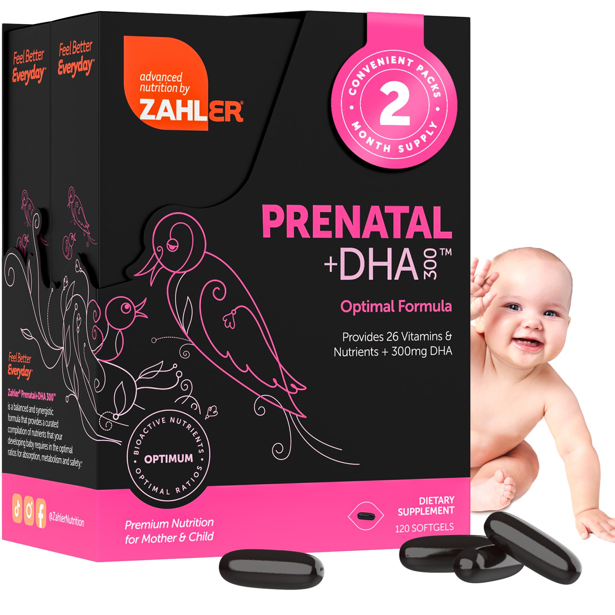 Zahler Prenatal DHA bottle close-up highlighting mother and baby support
