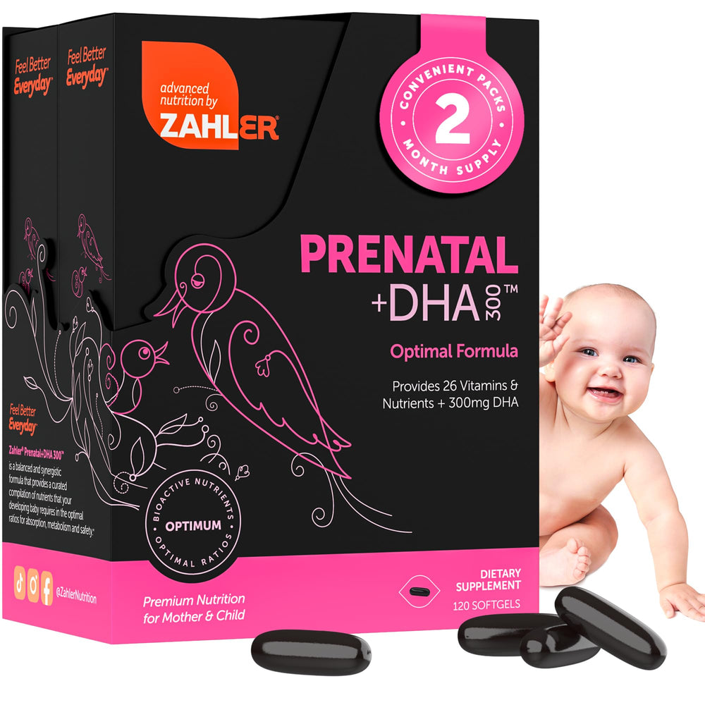 Zahler Prenatal DHA bottle close-up highlighting mother and baby support