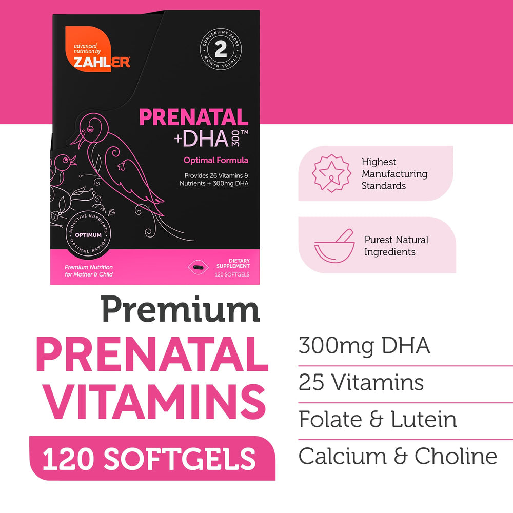 Front view of Zahler Prenatal Vitamin bottle with DHA & Folate