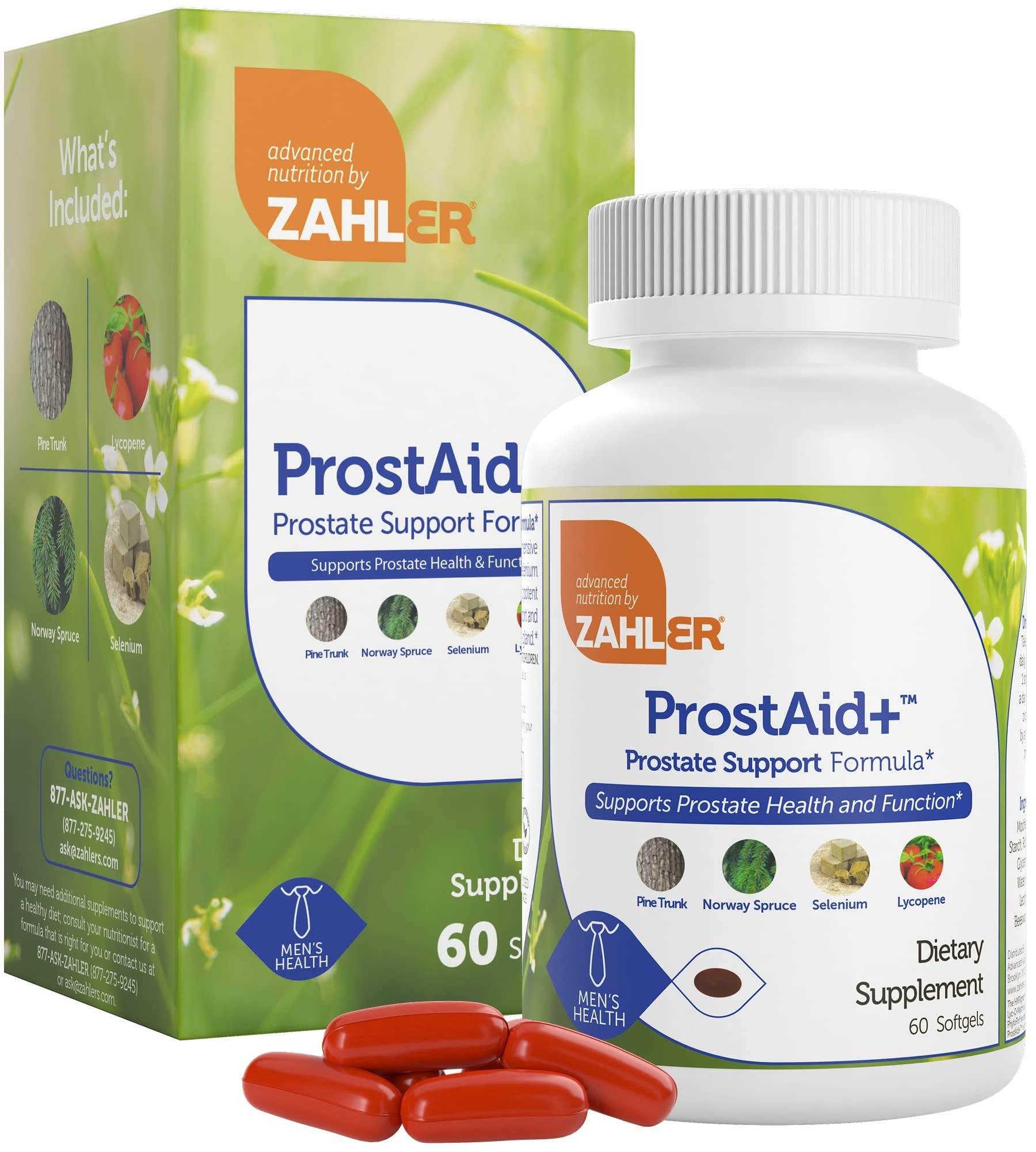 Zahler ProstAid+ prostate supplements bottle with 60 vegetarian softgels