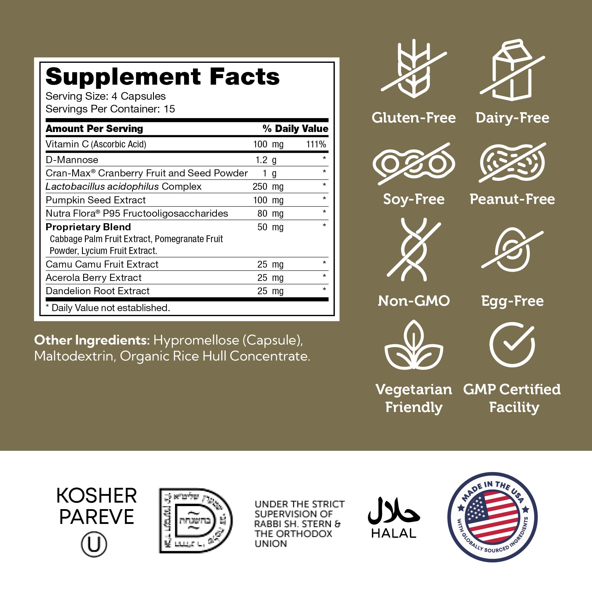Kosher, Non-GMO, gluten-free, Made in USA icons on packaging
