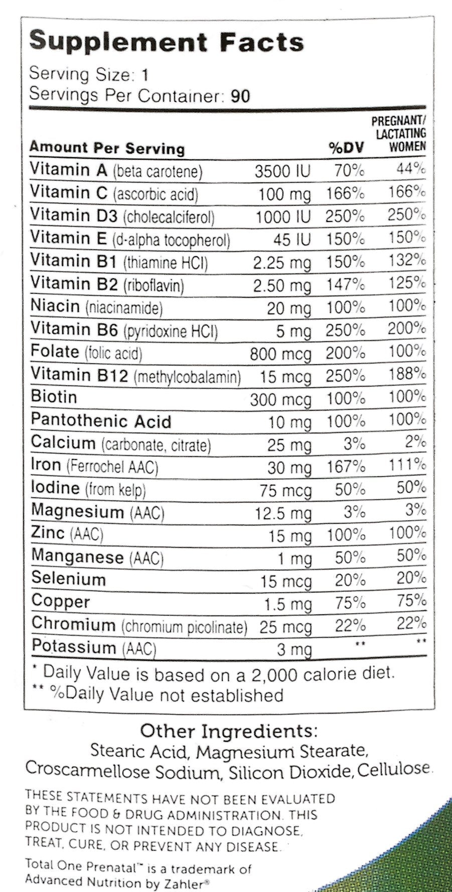 Nutrition facts panel for Zahler Total One Prenatal Vitamins