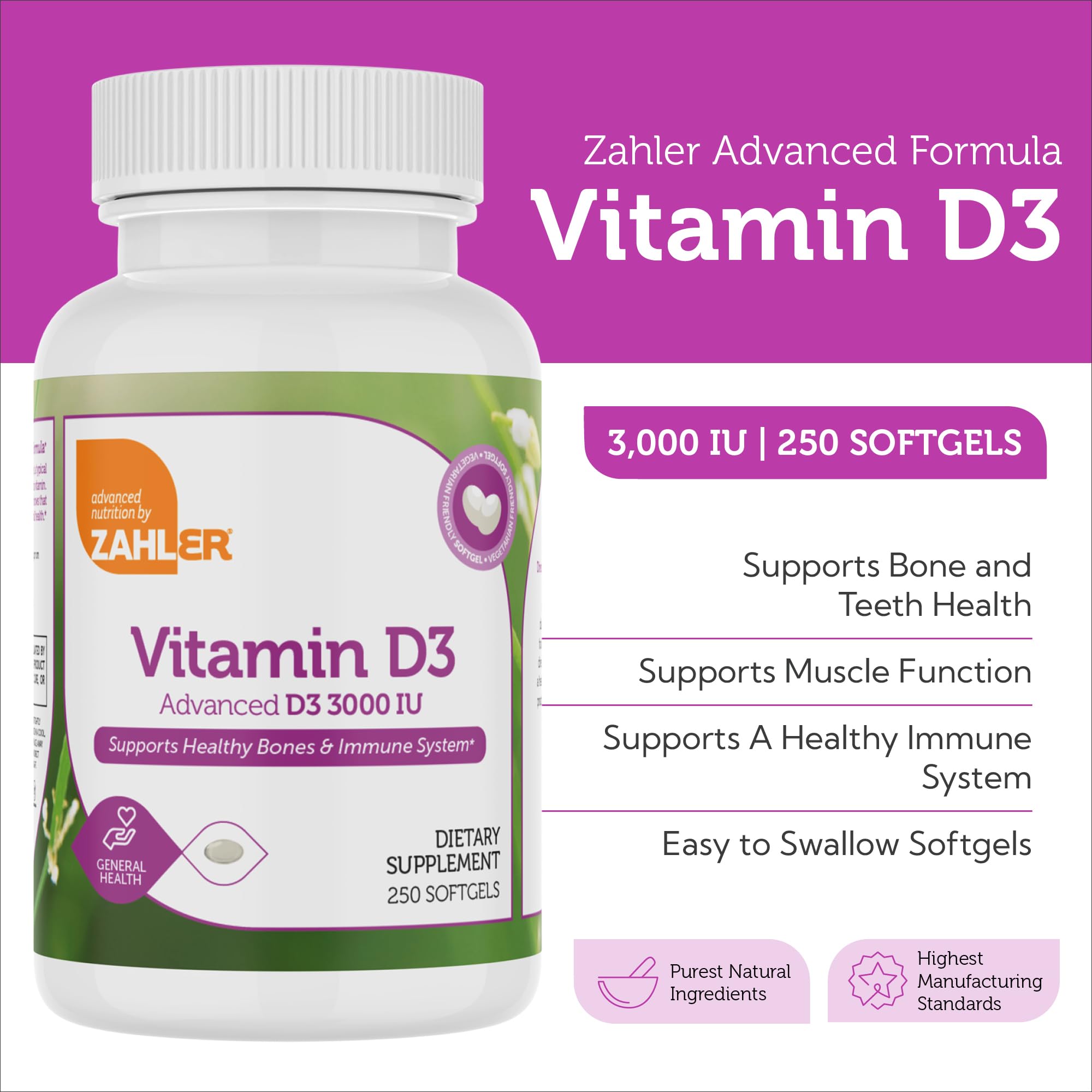 Close-up of Zahler Vitamin D3 3000IU softgels