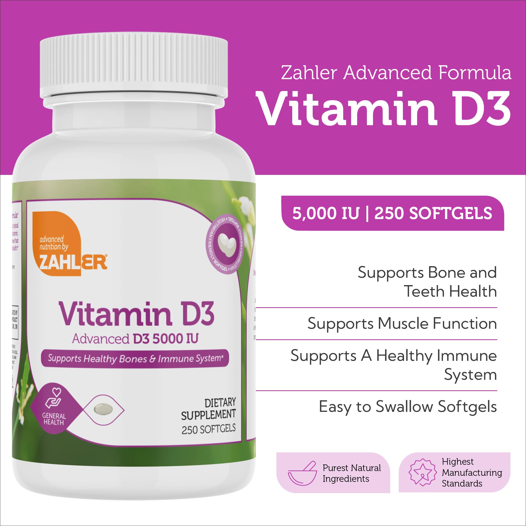 Supplement facts label for Zahler Vitamin D3 5000 IU