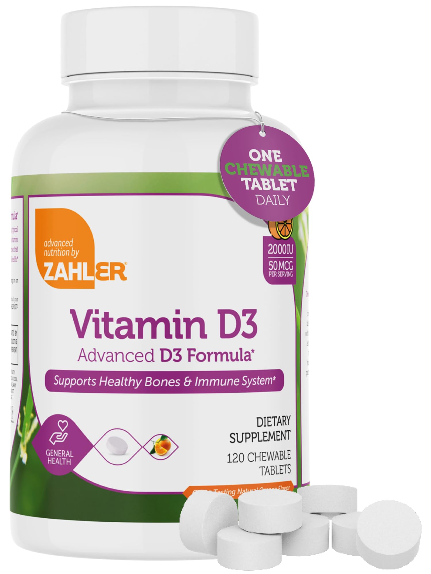 Zahler Vitamin D3 Chewable 2000IU orange flavored bottle label