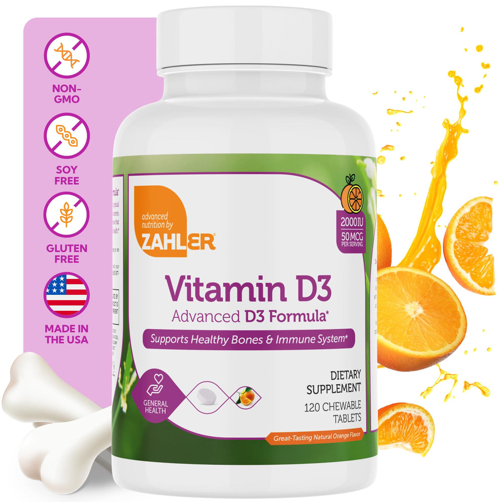 Close-up of Zahler Vitamin D3 2000IU orange chewable tablets