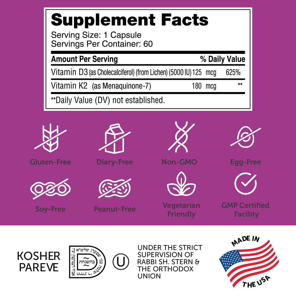 Non-GMO, gluten-free and dairy-free Zahler D3 & K2 packaging