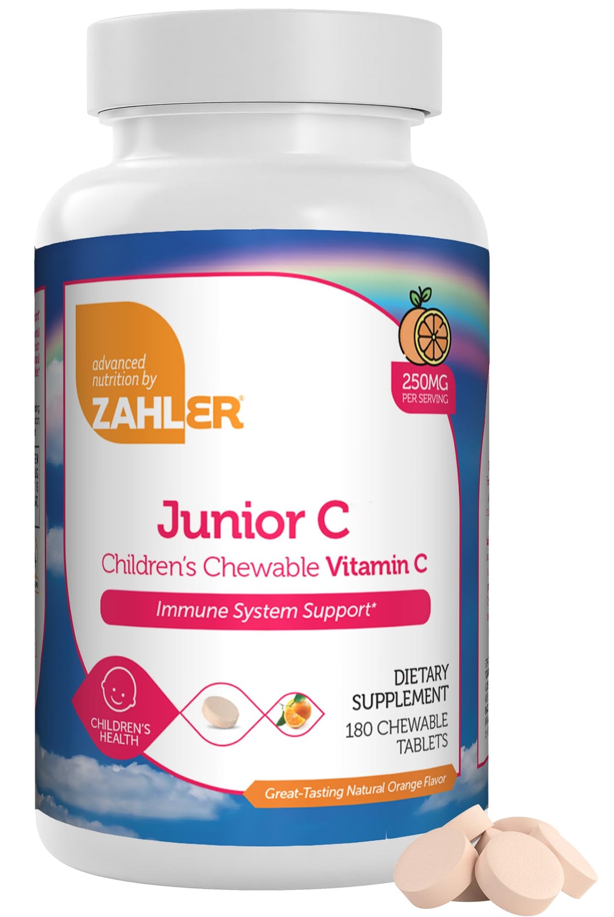 Zahler Junior C Advanced Vitamin C for Kids orange-flavored chewable bottle label