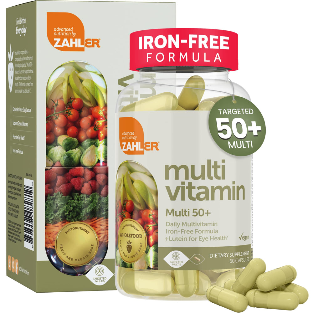 Zahler Multivitamin 50+ iron-free formula bottle with 60 capsules