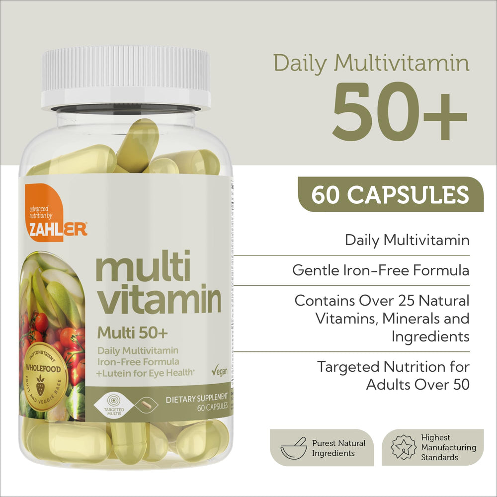 Close-up of Zahler Multivitamin 50+ packaging highlighting eye health