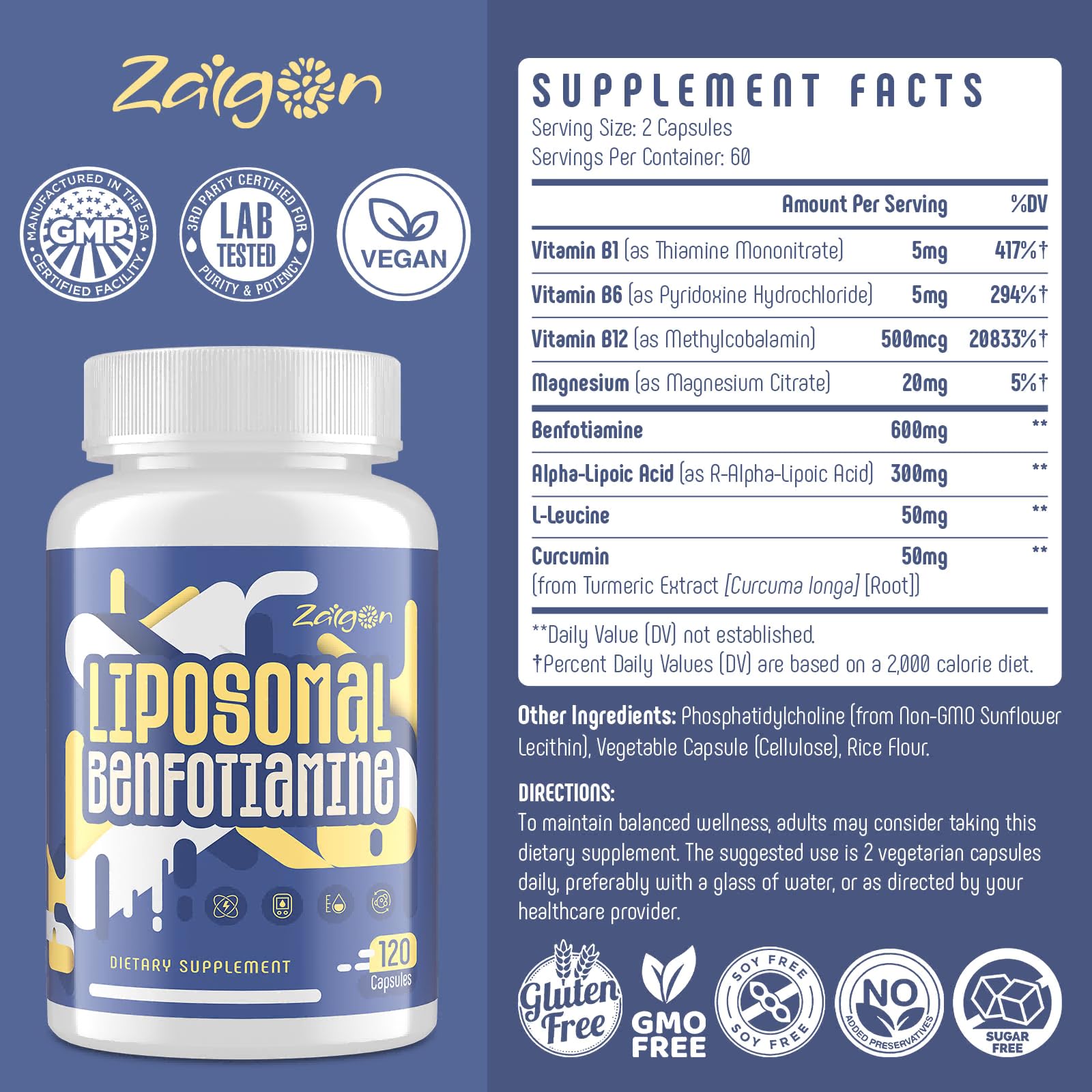 Hero shot of Zaigon Benfotiamine liposomal bottle